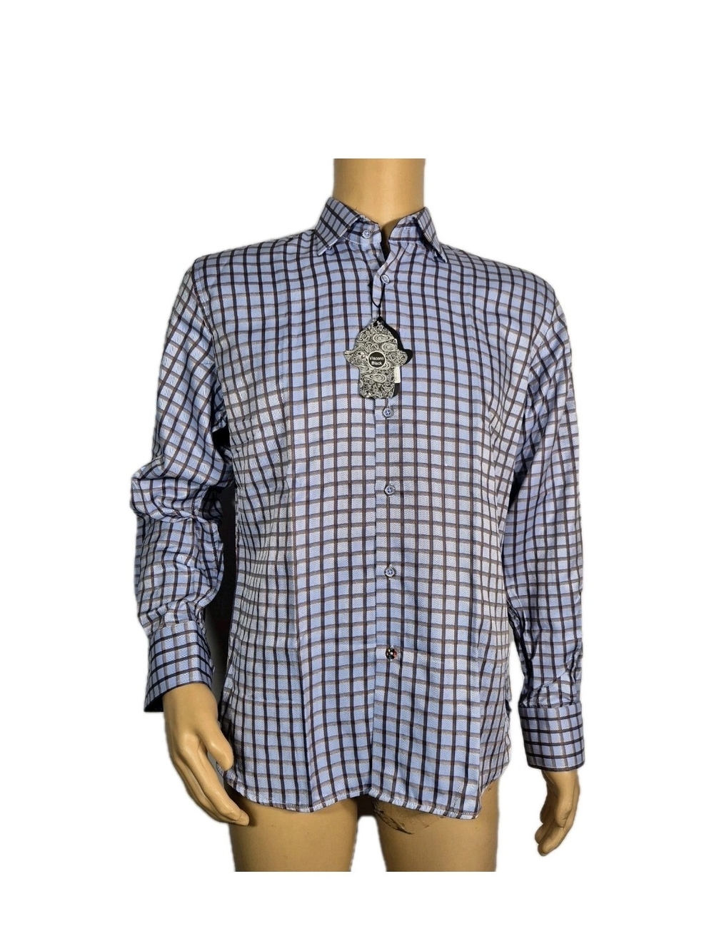 Luchiano Visconti Men's Shirt Size M Button up Long Sleeve Brown Blue Plaid 10